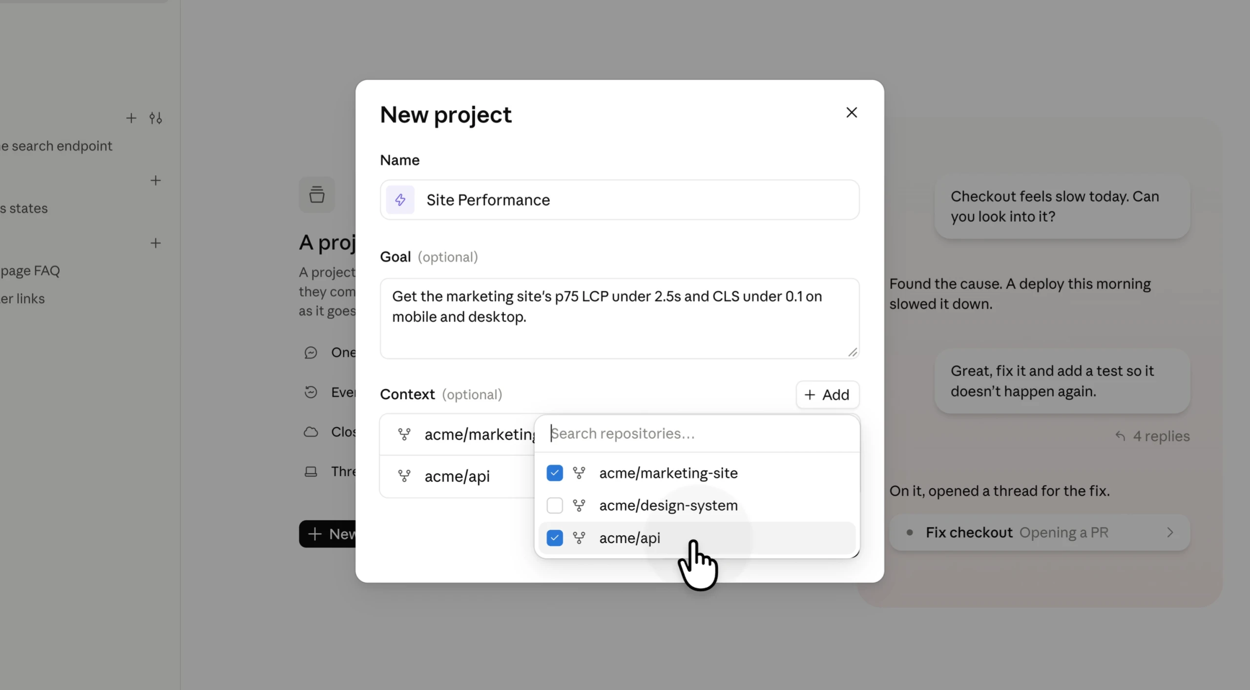 The Projects interface for creating a project with a goal and context