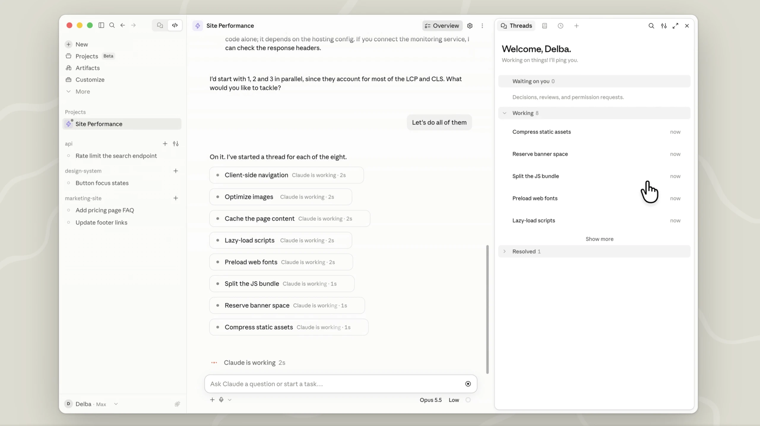 The Projects conversation and task-thread progress interface