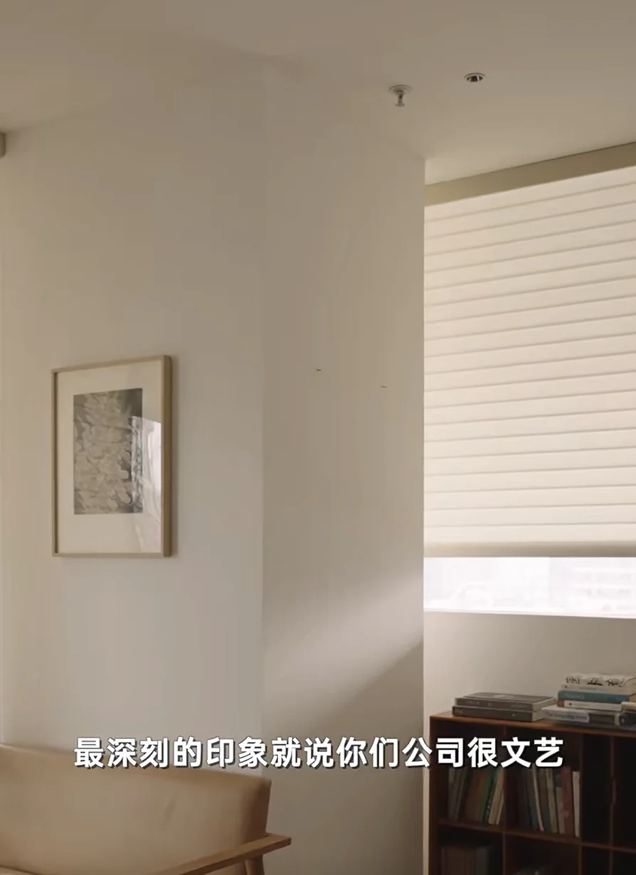 访谈画面中的室内艺术作品与书籍,字幕谈到公司很文艺