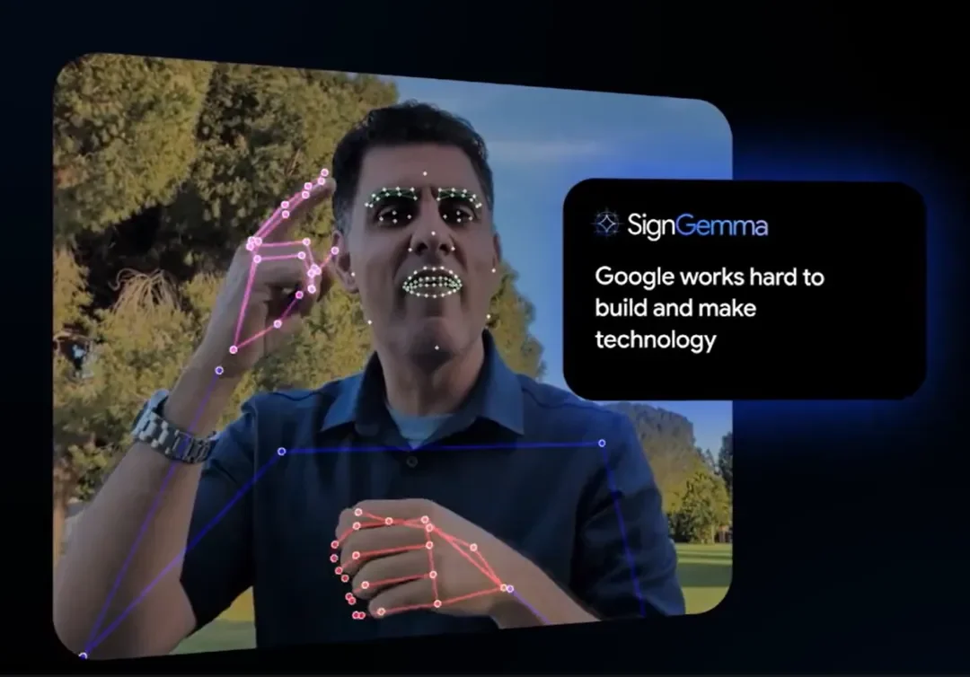 SignGemma demonstration showing a person signing, with hand and face tracking