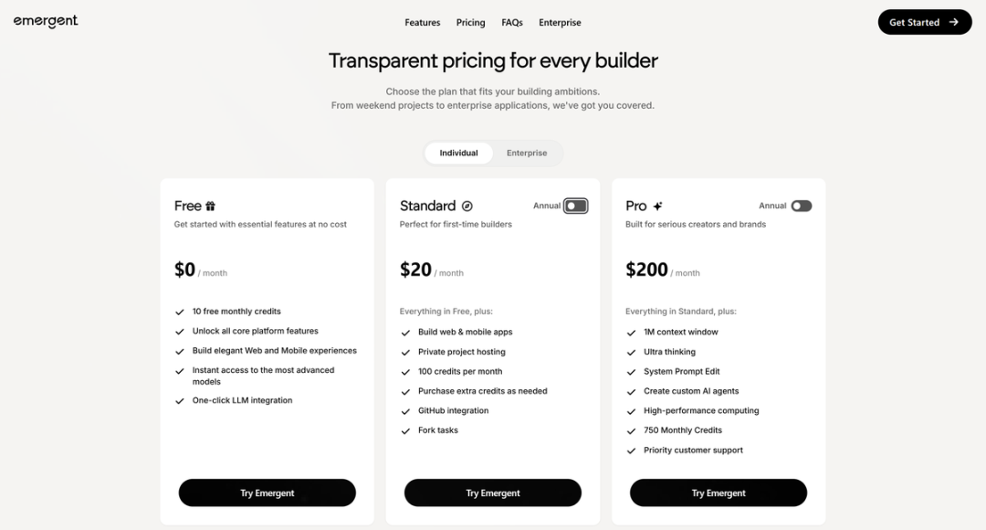 Emergent’s official pricing page showing Free, Standard at $20 per month, and Pro at $200 per month