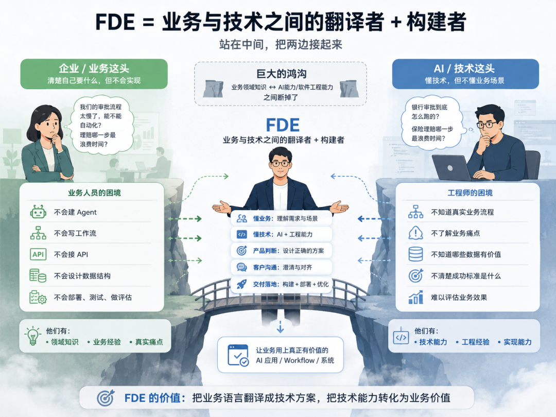 An FDE bridges a gap between business teams and technical teams, translating business needs into working systems