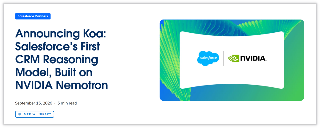 Salesforce and NVIDIA announcement of the Koa CRM reasoning model, dated September 15, 2026.