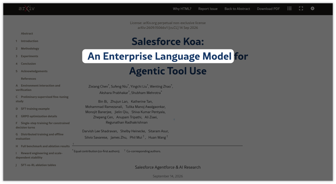 Title page of the Koa paper, highlighting “An Enterprise Language Model” within Salesforce Koa: An Enterprise Language Model for Agentic Tool Use.