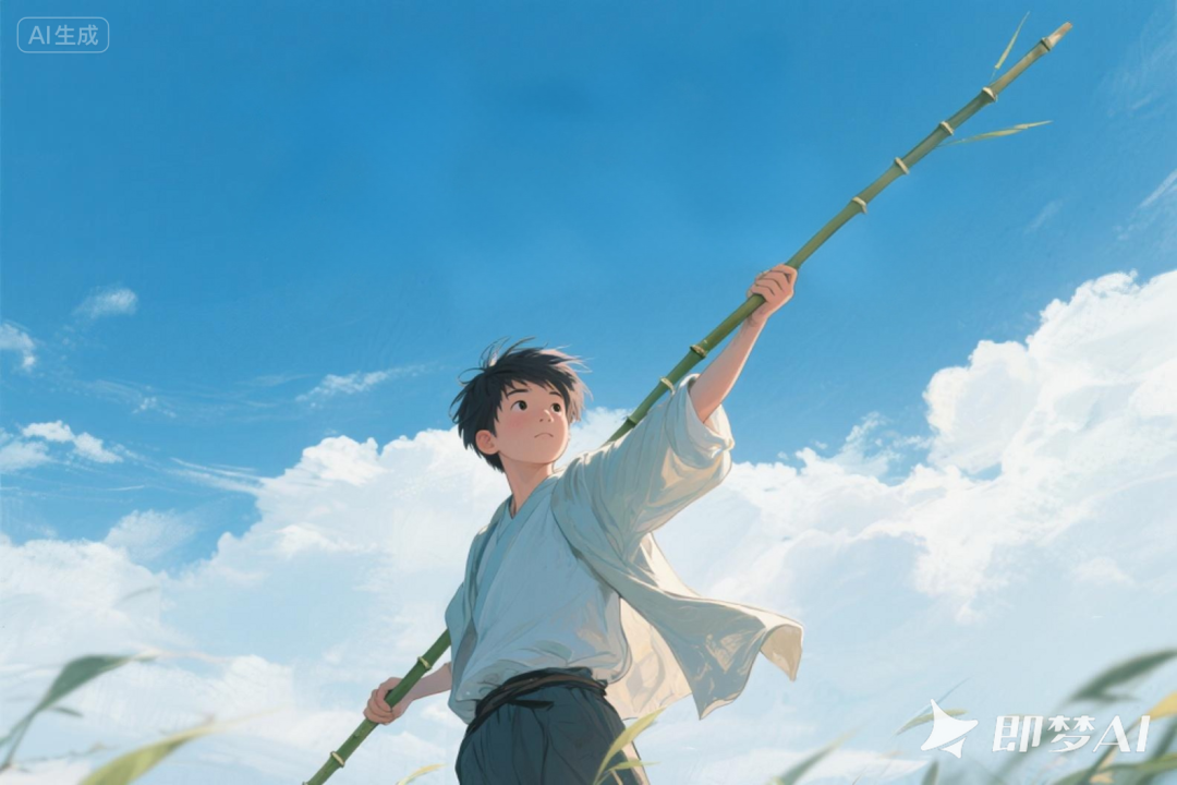 A boy in white raises a long bamboo pole beneath a blue sky; the original AI-generation and 即梦AI watermarks remain.
