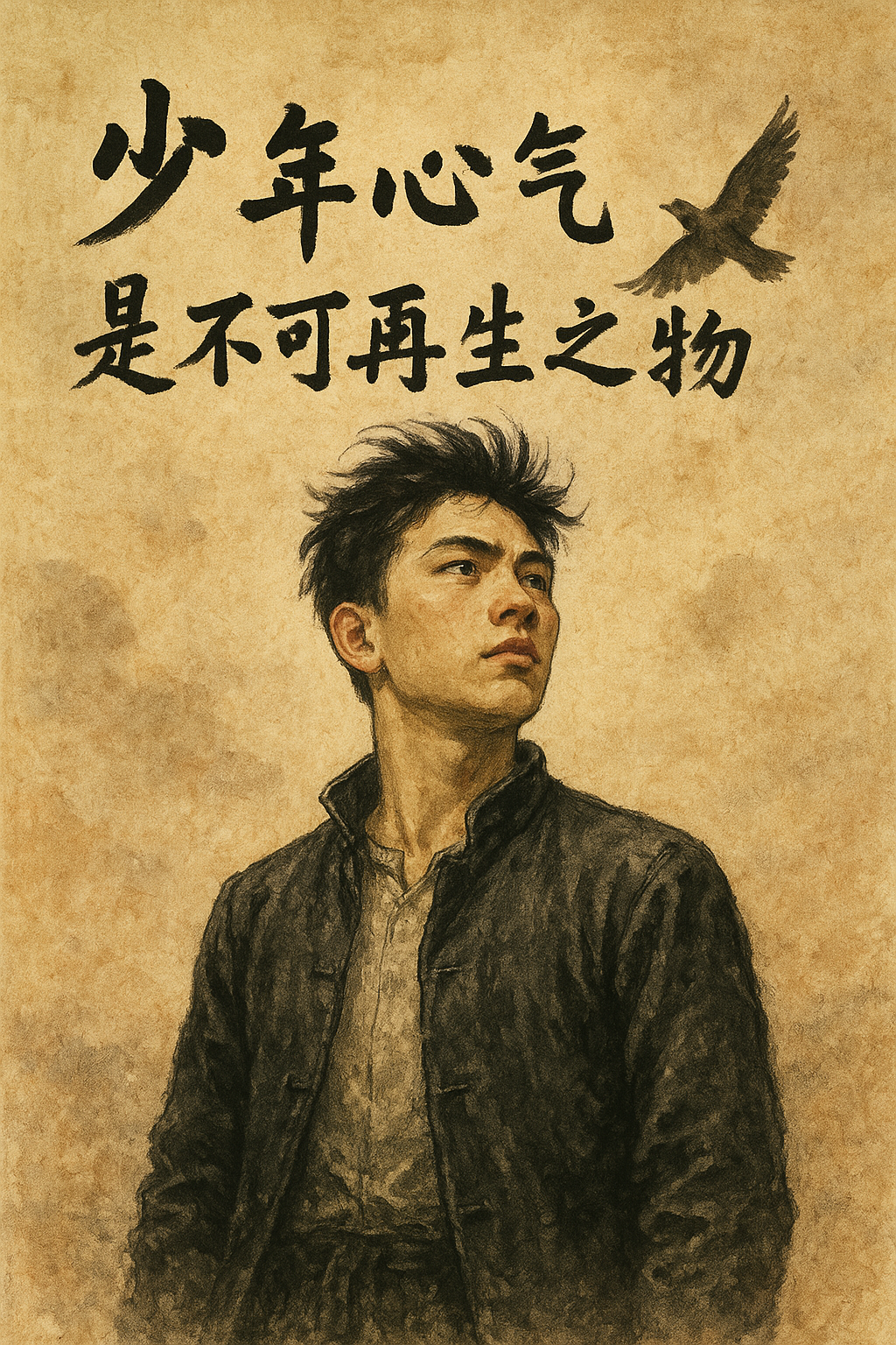 A sepia poster with a young man and a bird beneath the Chinese phrase about the irreplaceable spirit of youth.