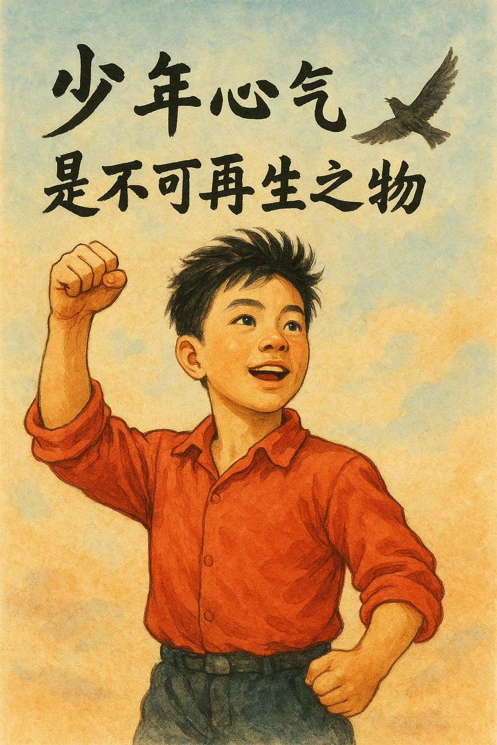 A vintage-style poster of a boy in a red shirt raising his fist, with a bird and Chinese text about the spirit of youth.
