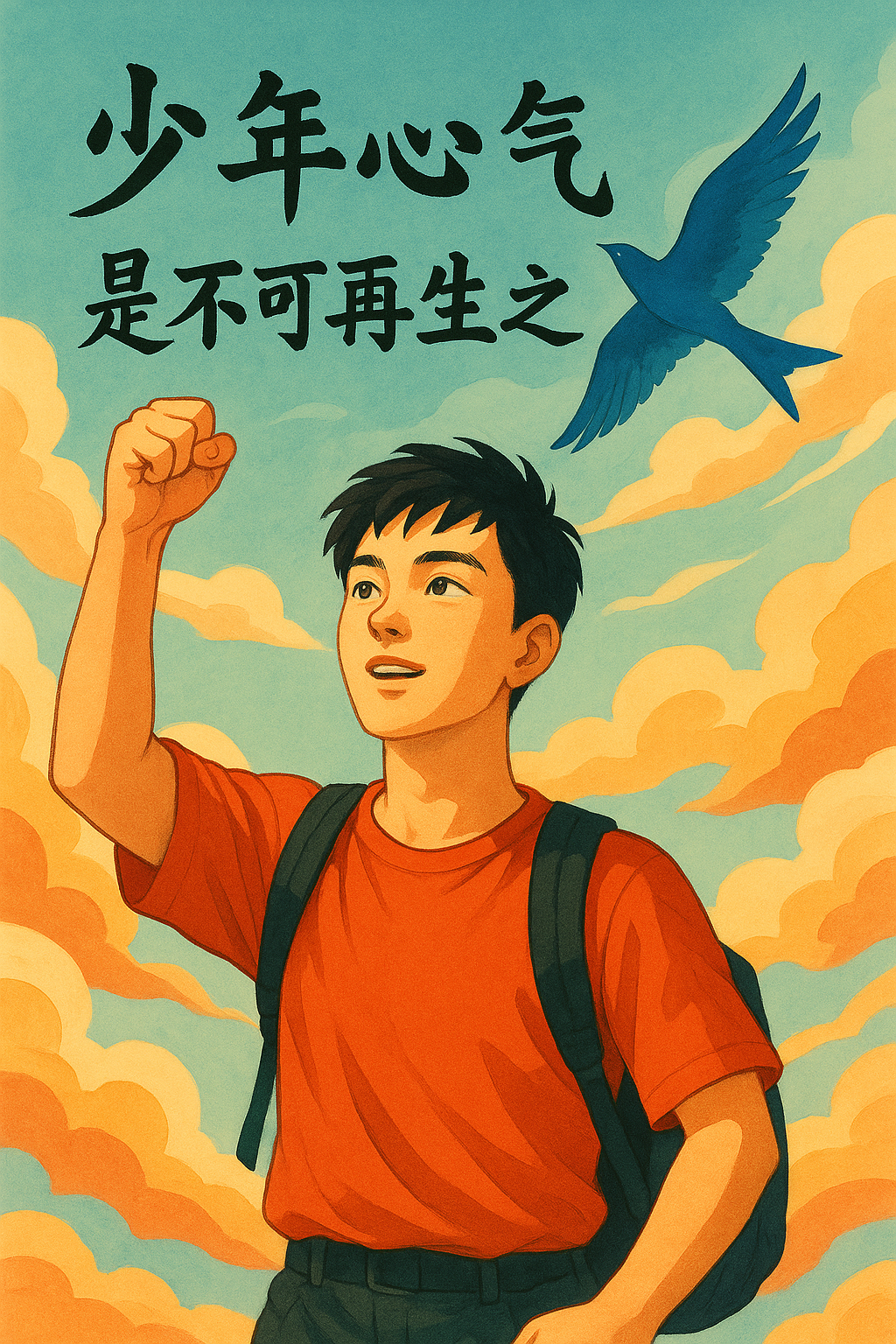 A boy with a backpack raises his fist beneath a bird and orange clouds; the Chinese phrase is missing its final character.
