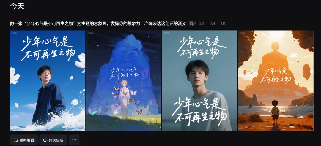 Screenshot of 即梦 showing a short theme prompt and four generated images of young people in different styles.