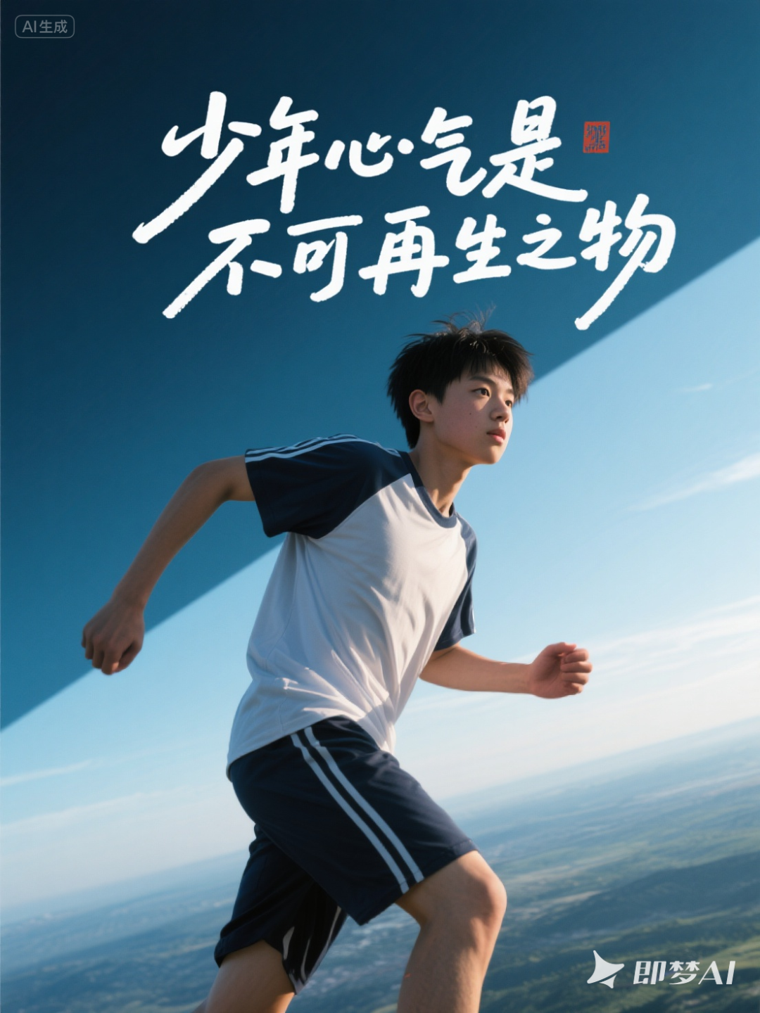 A boy in sportswear runs against a blue sky beneath Chinese text about the spirit of youth.
