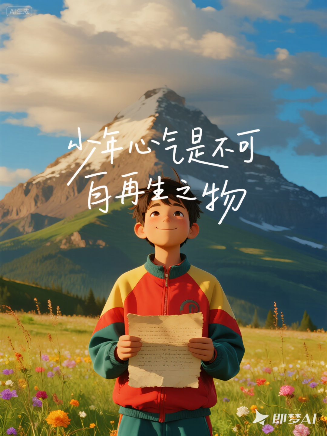 A boy in a colourful jacket holds a sheet of paper in a flower meadow before a mountain; the AI-generated Chinese lettering contains errors.