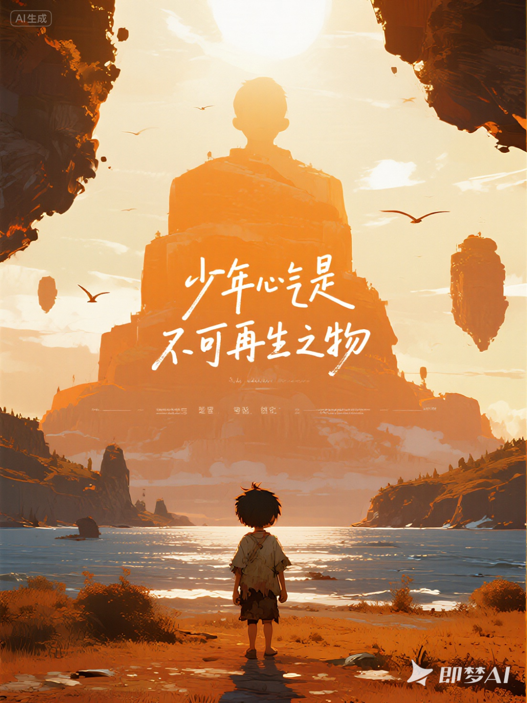 A tiny boy stands at the water’s edge, facing a towering mountain shaped like a figure and floating rocks in warm orange light.